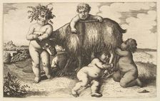 Four boys, a young satyr, and a goat (copy in reverse), 17th century (?). Creator: Wenceslaus Hollar