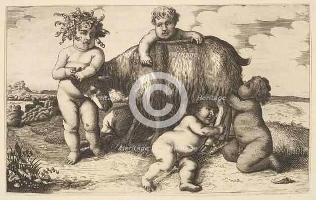 Four boys, a young satyr, and a goat (copy in reverse), 17th century (?). Creator: Wenceslaus Hollar.