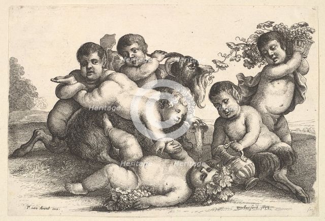 Four boys, two satyrs and a goat, 1654. Creator: Wenceslaus Hollar.