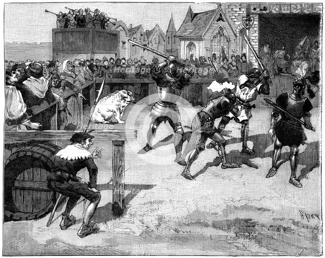 Four blind men placed in a ring to fight a large pig, c14th-15th century (1882-1884).Artist: Spex