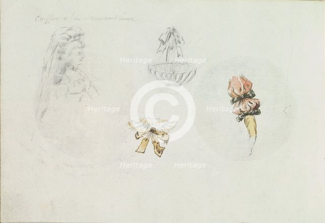 Four Costume Design Sketches of a Woman, a Basket, a Collar, and a Sleeve, ca. 1785-90. Creator: Anon.