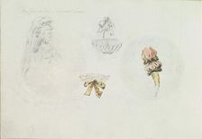 Four Costume Design Sketches of a Woman, a Basket, a Collar, and a Sleeve, ca. 1785-90. Creator: Anon