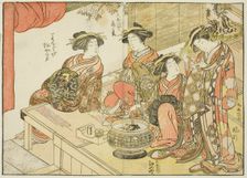 Four courtesans of various houses, from the book "Mirror of Beautiful Women of the Pleasure..., 1776 Creator: Shunsho