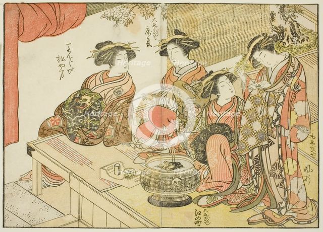 Four courtesans of various houses, from the book "Mirror of Beautiful Women of the Pleasure..., 1776 Creator: Shunsho.