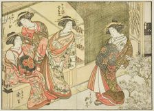 Four courtesans of various houses, from the book "Mirror of Beautiful Women of the Pleasure..., 1776 Creator: Shunsho