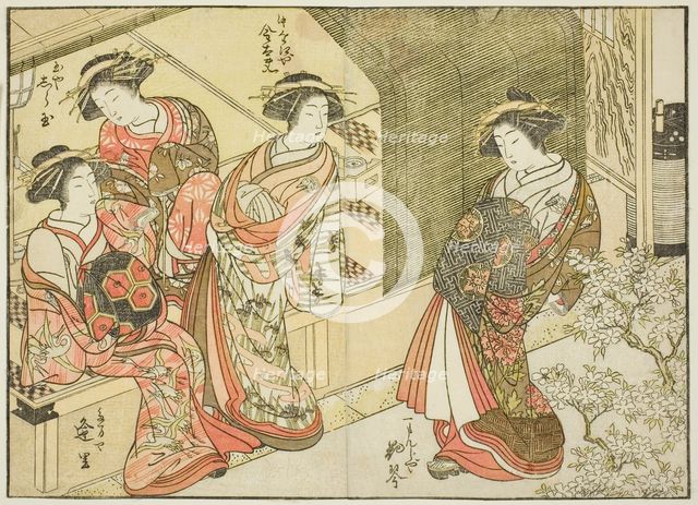 Four courtesans of various houses, from the book "Mirror of Beautiful Women of the Pleasure..., 1776 Creator: Shunsho.