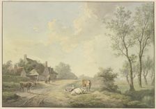 Four cows by a path near farmhouses, 1803. Creator: Abraham Teerlink