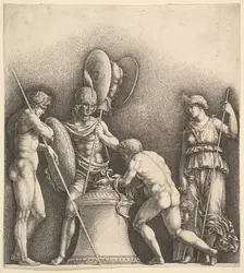 Four classical figures (pagan sacrifice), 1638. Creator: Wenceslaus Hollar