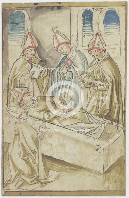 Four clergymen praying around a coffin (The Death of Saint Ulrich), 15th century. Creator: German, 15th century;.