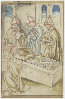 Four clergymen praying around a coffin (The Death of Saint Ulrich), 15th century. Creator: German, 15th century;
