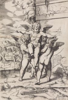 [Four Cupids; Apollo and Daphne in the Background], 16th-early 17th cen..., 16th-early 17th century. Creator: Anon