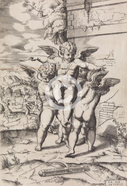 [Four Cupids; Apollo and Daphne in the Background], 16th-early 17th cen..., 16th-early 17th century. Creator: Anon.