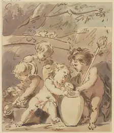 Four cupids by a vase, early-mid 18th century. Creator: Jacob de Wit