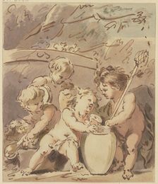 Four cupids by a vase, early-mid 18th century. Creator: Jacob de Wit