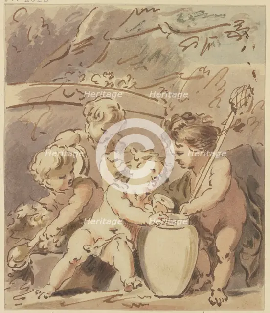 Four cupids by a vase, early-mid 18th century. Creator: Jacob de Wit.
