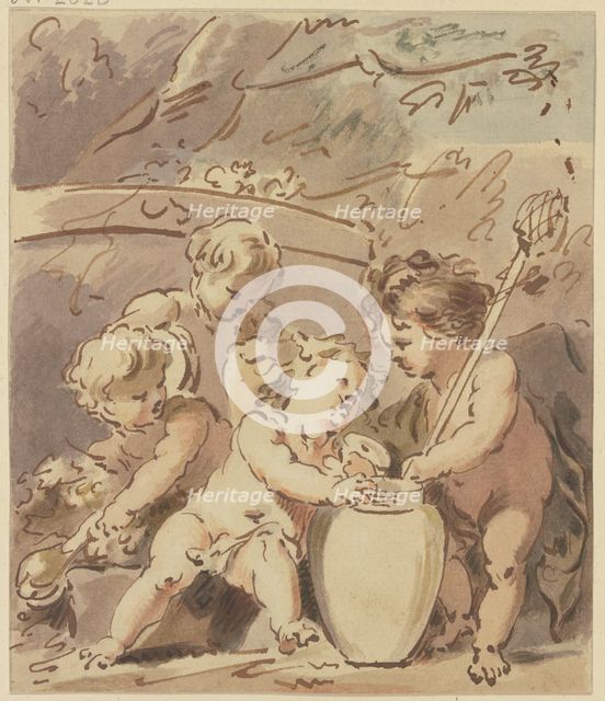 Four cupids by a vase, early-mid 18th century. Creator: Jacob de Wit.