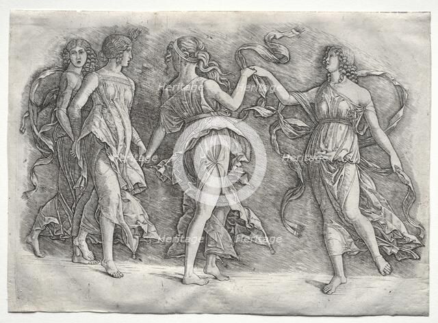 Four Dancing Muses, c. 1497. Creator: the so-called Premier Engraver (Italian), probably by ; Andrea Mantegna (Italian, 1431-1506).