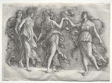 Four Dancing Muses, c. 1497. Creator: the so-called Premier Engraver (Italian), probably by ; Andrea Mantegna (Italian, 1431-1506)