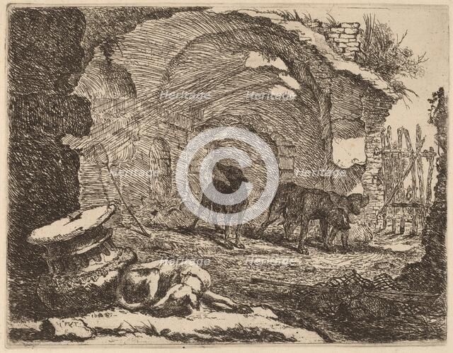 Four Dogs, One Sleeping beside a Capital, 1642. Creator: Jan Fyt.