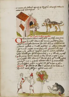 Four Dogs before a Doghouse: Two Men Making an Agreement; Fables, third quarter of 15th century. Creator: Unknown
