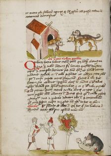 Four Dogs before a Doghouse: Two Men Making an Agreement; Fables, third quarter of 15th century. Creator: Unknown