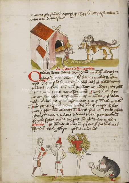 Four Dogs before a Doghouse: Two Men Making an Agreement; Fables, third quarter of 15th century. Creator: Unknown.