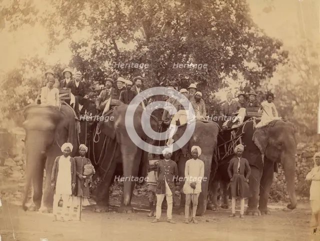 Four Elephants with Western Travellers and Attendants, Jaipur, India, 1860s-70s. Creator: Unknown.