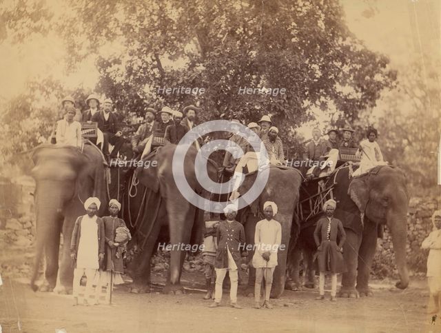Four Elephants with Western Travellers and Attendants, Jaipur, India, 1860s-70s. Creator: Unknown.