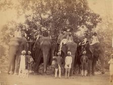 Four Elephants with Western Travellers and Attendants, Jaipur, India, 1860s-70s. Creator: Unknown