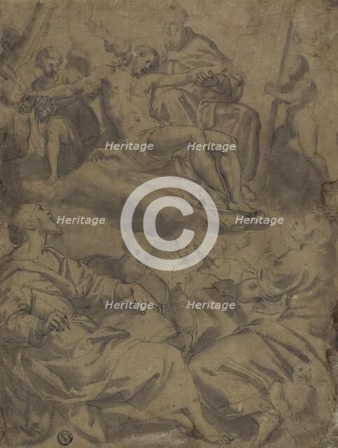 Four Evangelists and the Vision of God Holding the Dead Christ with the Instruments..., 1550/85. Creator: Unknown.