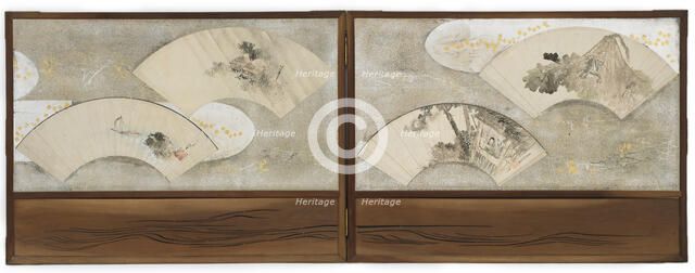 Four fan paintings mounted on a screen... Creator: Hokusai.