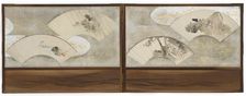 Four fan paintings mounted on a screen... Creator: Hokusai