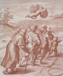 Four figures in a landscape being guided by a cherub in the sky, 1777. Creator: Unknown