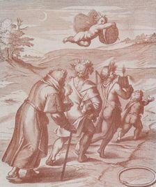 Four figures in a landscape being guided by a cherub in the sky, 1777. Creator: Unknown
