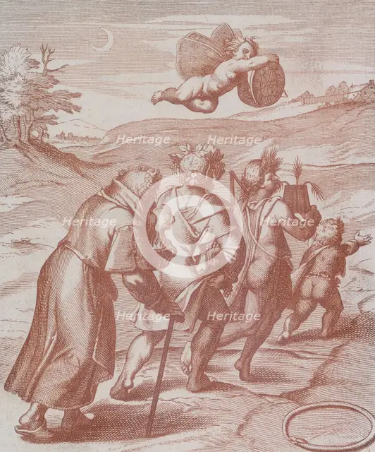 Four figures in a landscape being guided by a cherub in the sky, 1777. Creator: Unknown.