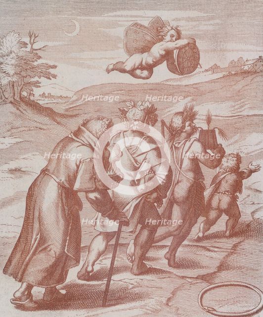 Four figures in a landscape being guided by a cherub in the sky, 1777. Creator: Unknown.