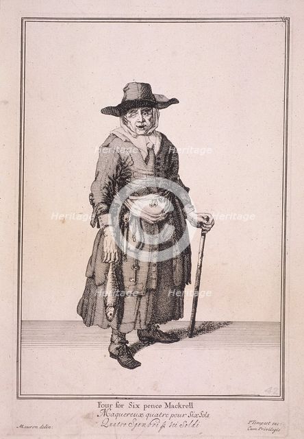 'Four for Six pence Mackrell', Cries of London, (1688?). Artist: Anon