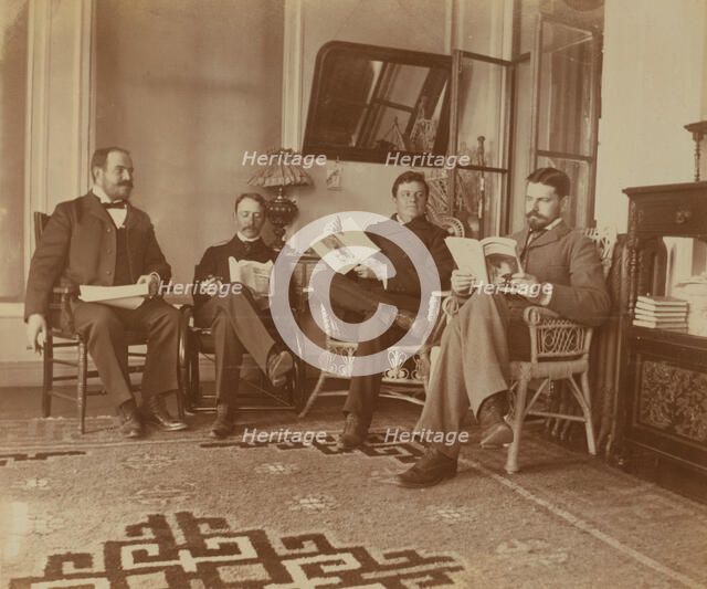 Four friends reading in the veranda room, Dom Smith, Vladivostok, Russia: William S..., 1899. Creator: Eleanor Lord Pray.