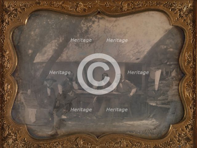 [Four Gold Miners Seated in Front of Their House], ca. 1852. Creator: Unknown.