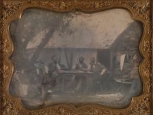 [Four Gold Miners Seated in Front of Their House], ca. 1852. Creator: Unknown