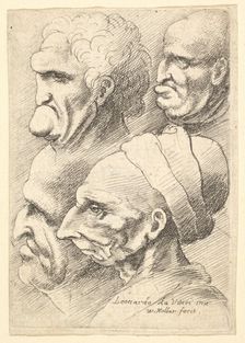 Four grotesque heads in profile to left, 1625-77. Creator: Wenceslaus Hollar