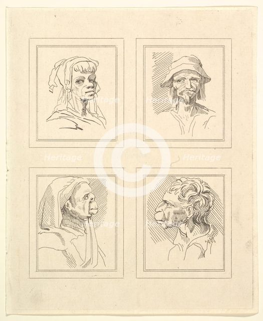 Four Heads (from Characaturas by Leonardo da Vinci, from Drawings by Wincelslaus Hollar, o..., 1786. Creator: Unknown.