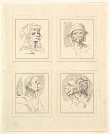 Four Heads (from Characaturas by Leonardo da Vinci, from Drawings by Wincelslaus Hollar, o..., 1786. Creator: Unknown