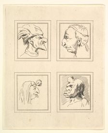 Four Heads (from Characaturas by Leonardo da Vinci, from Drawings by Wincelslaus Hollar, o..., 1786. Creator: Unknown