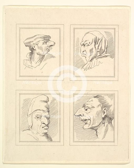 Four Heads (from Characaturas by Leonardo da Vinci, from Drawings by Wincelslaus Hollar, o..., 1786. Creator: Unknown.