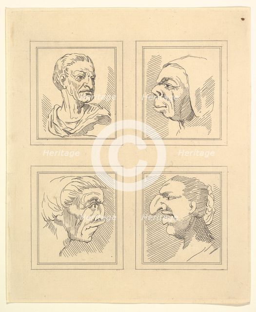 Four Heads (from Characaturas by Leonardo da Vinci, from Drawings by Wincelslaus Hollar, o..., 1786. Creator: Unknown.