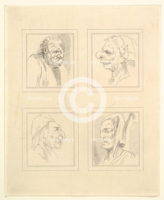 Four Heads (from Characaturas by Leonardo da Vinci, from Drawings by Wincelslaus Hollar, o..., 1786. Creator: Unknown.