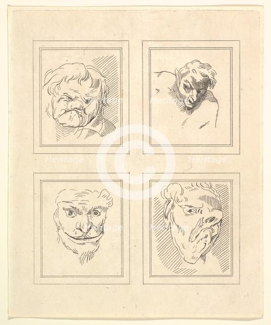 Four Heads (from Characaturas by Leonardo da Vinci, from Drawings by Wincelslaus Hollar, o..., 1786. Creator: Unknown.