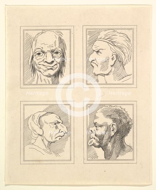 Four Heads (from Characaturas by Leonardo da Vinci, from Drawings by Wincelslaus Hollar, o..., 1786. Creator: Unknown.