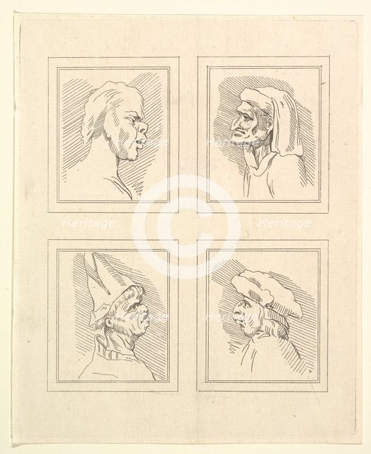 Four Heads (from Characaturas by Leonardo da Vinci, from Drawings by Wincelslaus Hollar, o..., 1786. Creator: Unknown.